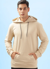Beige men's hoodie made using the 'Atlas' sewing pattern. Features a relaxed fit, kangaroo pocket, ribbed cuffs, and an adjustable drawstring hood.
