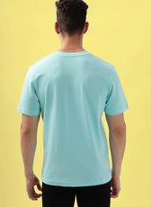 Back view of men's round neck T-shirt in light blue. Features a clean-cut design with short sleeves and a straight hem.