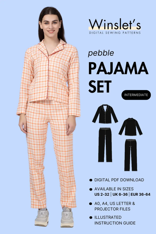 Women's Pajama Set Sewing Pattern 'Pebble' from Winslet's, featuring a button-down top and matching pants. Available in sizes US 2-32 with digital PDF download.