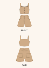Illustration of the 'Harper' coord set sewing pattern, showing front and back views of the crop top and high-waisted shorts. Ideal for DIY fashion projects.