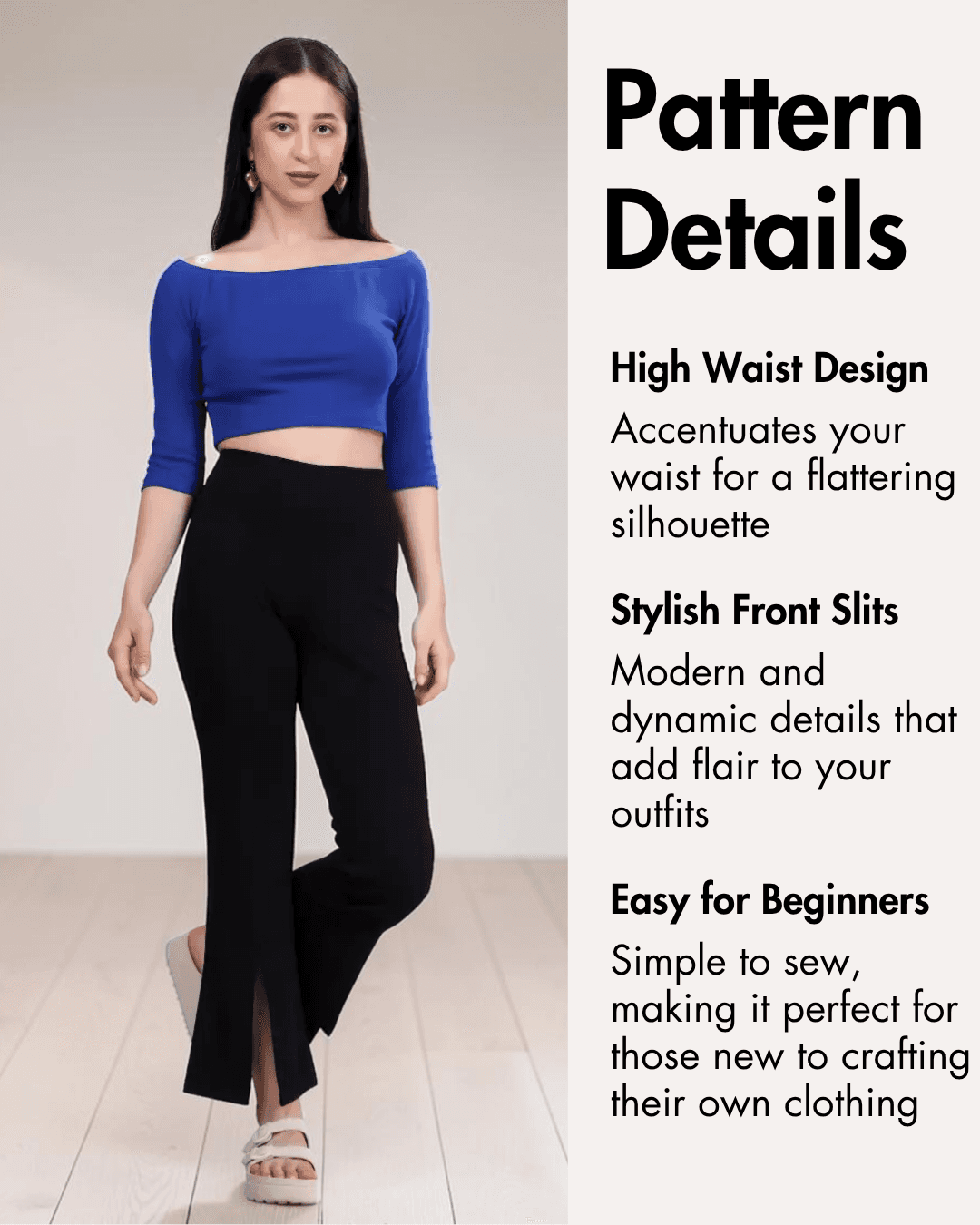 Pattern details of high waist bell bottom pants with front slits for sewing