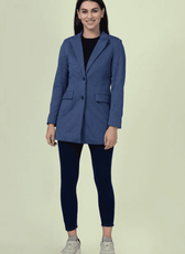 Model wearing the 'Camille' straight-cut coat with leggings. The structured coat features a notched lapel, single-breasted closure, and flap pockets for a polished look.