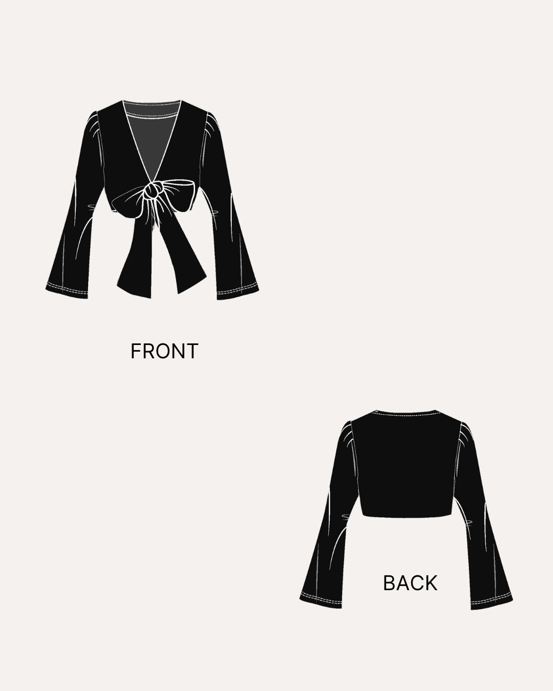 Illustration of the tie front crop top sewing pattern with front and back views