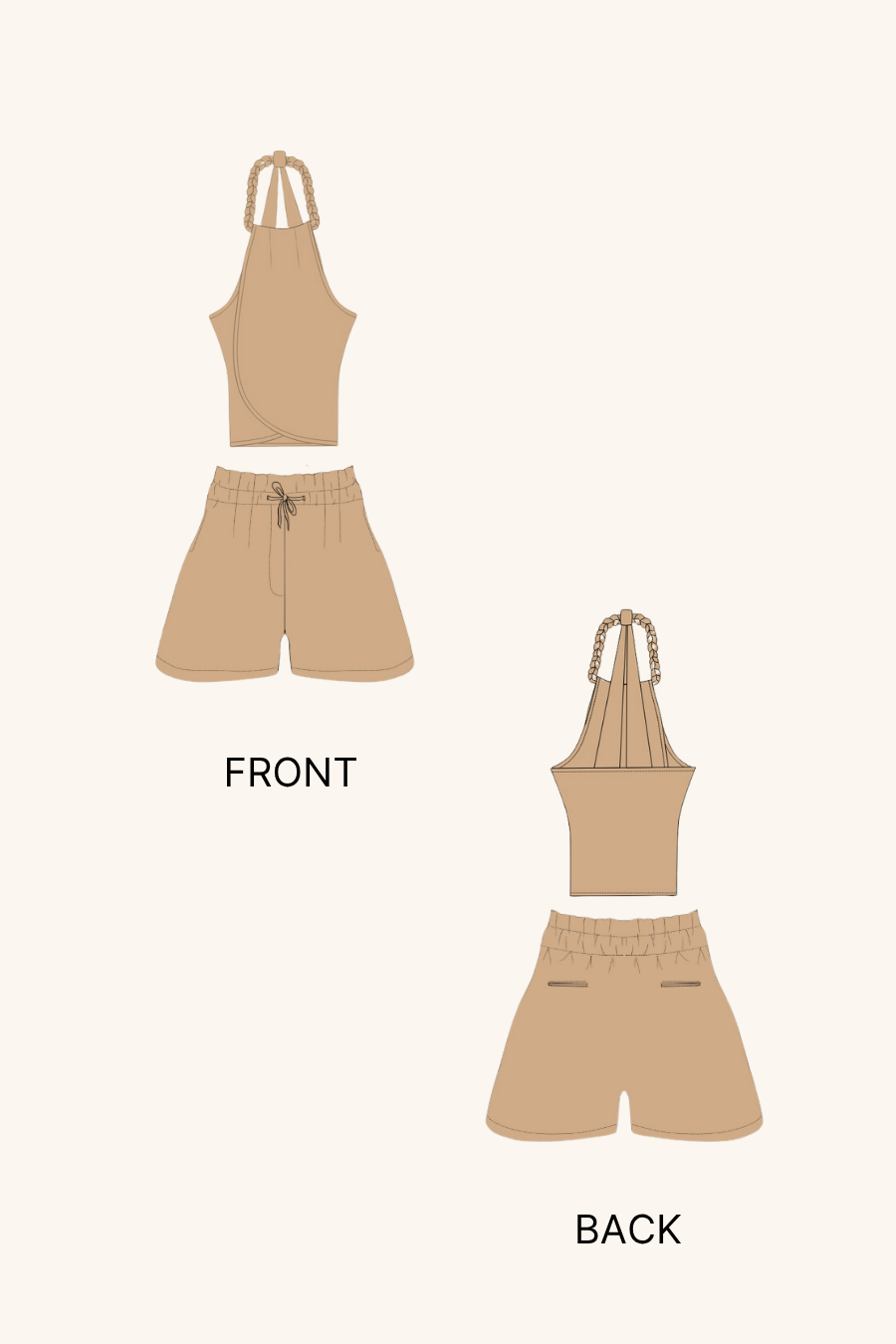 Lounge Coord Set Sewing Pattern – Braided Halter Top with Drawstring Shorts