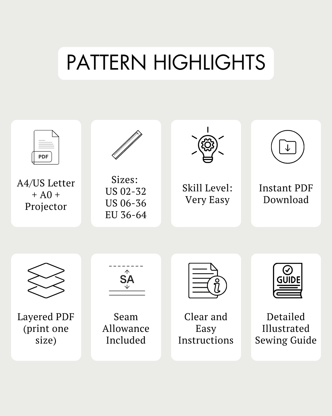 Pattern highlights with PDF sewing instructions and layered files