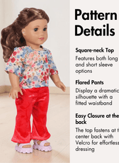 Pattern details for doll clothing sewing pattern, square-neck top and flared pants