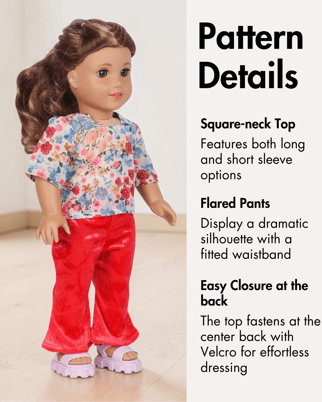 Pattern details for doll clothing sewing pattern, square-neck top and flared pants