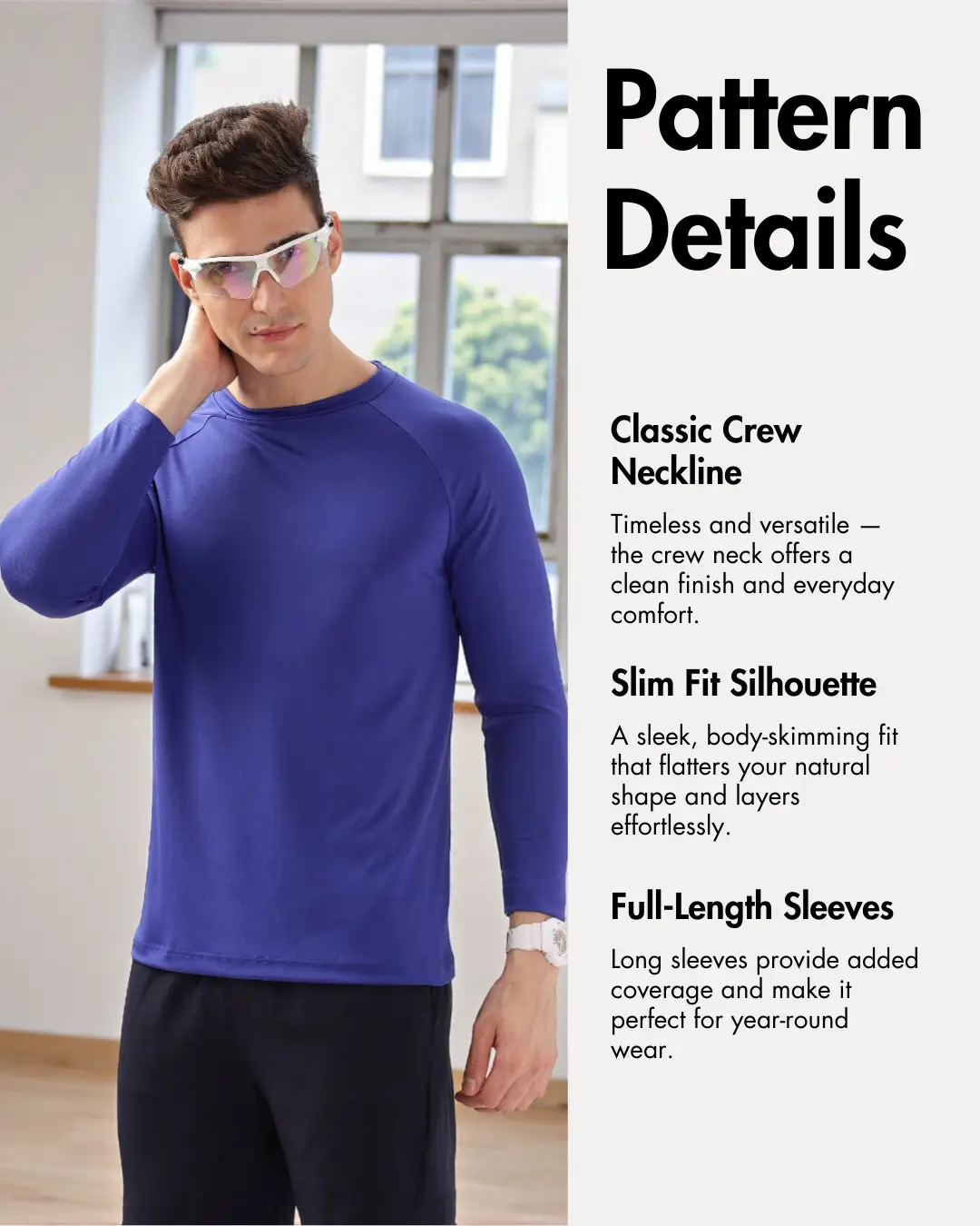 Men's Raglan T-shirt Sewing Pattern 'Luke' with pattern details including full-length sleeves, slim fit silhouette, and crew neckline.