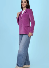 Full-length view of the Monroe blazer paired with jeans, demonstrating its versatility for different outfits. A digital sewing pattern for stylish outerwear.