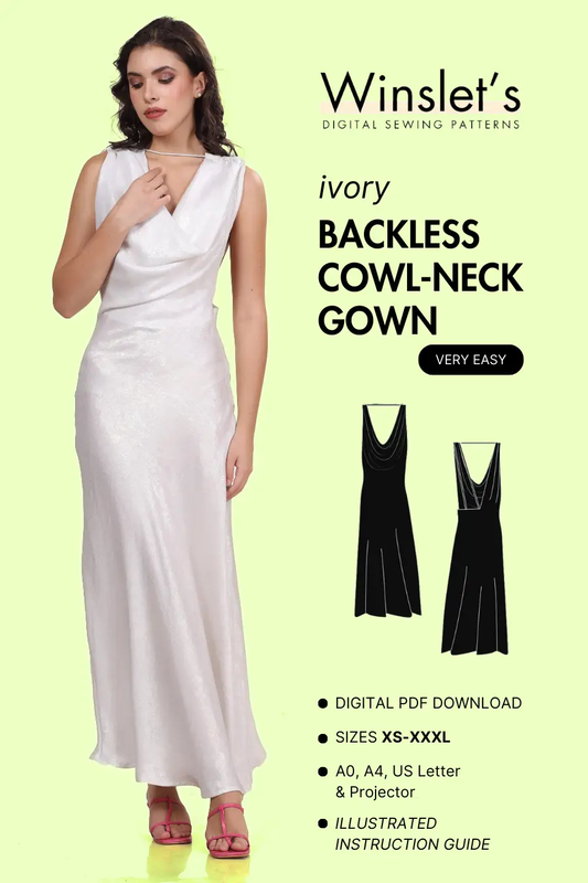 Cover image of a model wearing backless cowl neck gown and 2d sketch of the sewing pattern