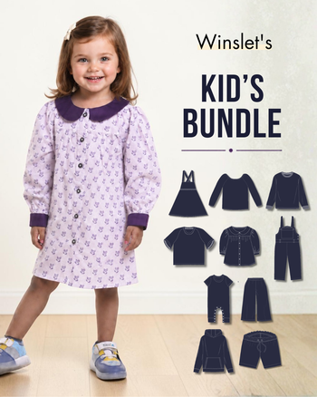 Winslet's Kid's Sewing Patterns Bundle cover: girl in a lilac collared dress with illustrations of all ten patterns