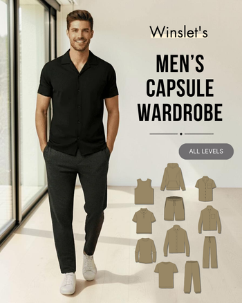Winslet's Men's Capsule Wardrobe Bundle cover: man in a black shirt and trousers with illustrations of all ten patterns