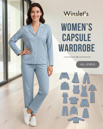 Winslet's Women's Capsule Wardrobe Bundle cover: model in a blue pajama set with illustrations of all fifteen patterns