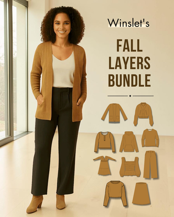 Winslet's Fall Layers Bundle cover: model in a mustard cardigan and dark trousers with illustrations of all ten patterns