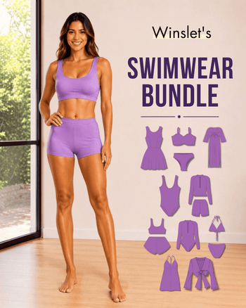 Model wearing a purple swimwear crop top and high-waisted shorts, perfect for summer beach days, made from stretchy fabric.