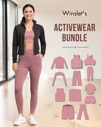 Winslet's Activewear Bundle cover: model in pink activewear with illustrations of all ten patterns in the bundle