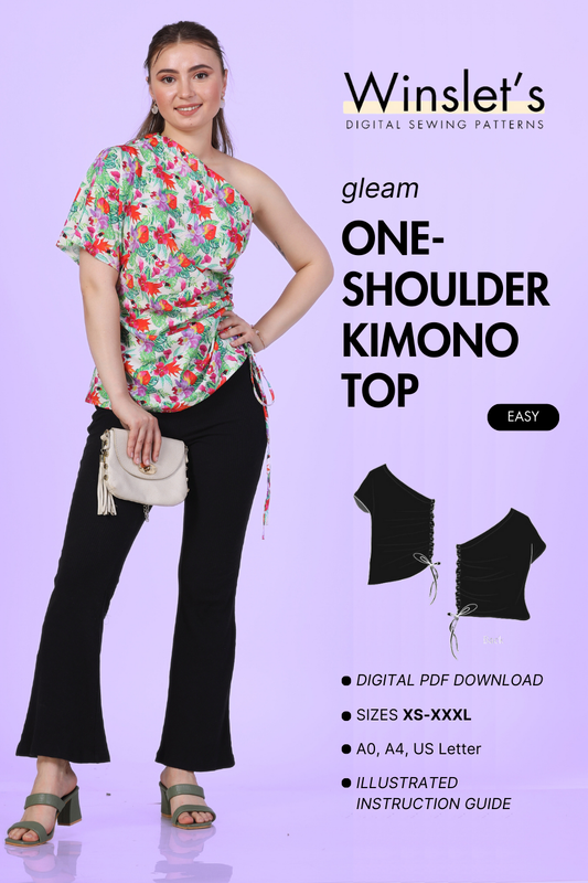 Cover image of model wearing the one shoulder kimono top and 2d sketch of the pattern 