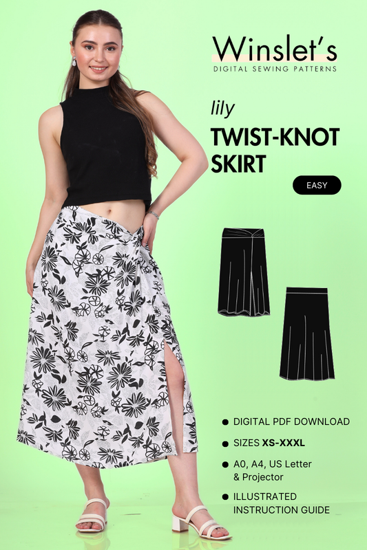 Cover image of a woman wearing a twist knot skirt with a black tank top along with 2d sketch and description of the pattern