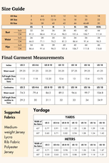 Size guide and fabric recommendations for the 'Alice' halter top sewing pattern. Includes yardage requirements and garment measurements.