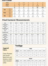 Size guide and fabric recommendations for the 'Nadia' biker shorts sewing pattern. Includes measurements and suggested materials for best results.