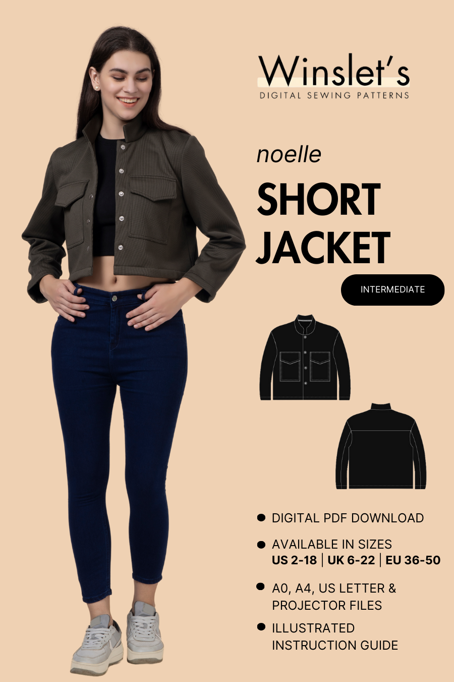 Short Jacket Sewing Pattern 'Noelle' from Winslet's, beginner-friendly digital PDF pattern. Includes sizes US 2-18, UK 6-22, EU 36-50 with A0, A4, Letter, and projector files.