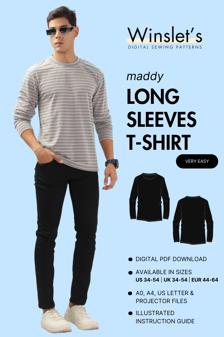 Men's long sleeve T-shirt sewing pattern 'Maddy' by Winslet's. Digital PDF pattern available in US 34-54, UK 34-54, EU 44-64 with A0, A4, Letter, and projector files.