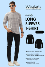 Men's long sleeve T-shirt sewing pattern 'Maddy' by Winslet's. Digital PDF pattern available in US 34-54, UK 34-54, EU 44-64 with A0, A4, Letter, and projector files.