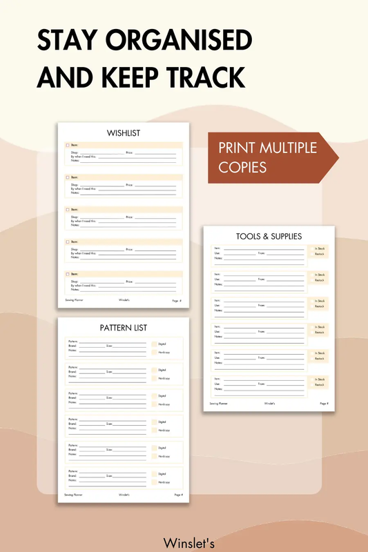 Stay organized with the Sewing Project Planner. Includes wishlist, pattern list, and tools & supplies tracker. Printable and reusable.