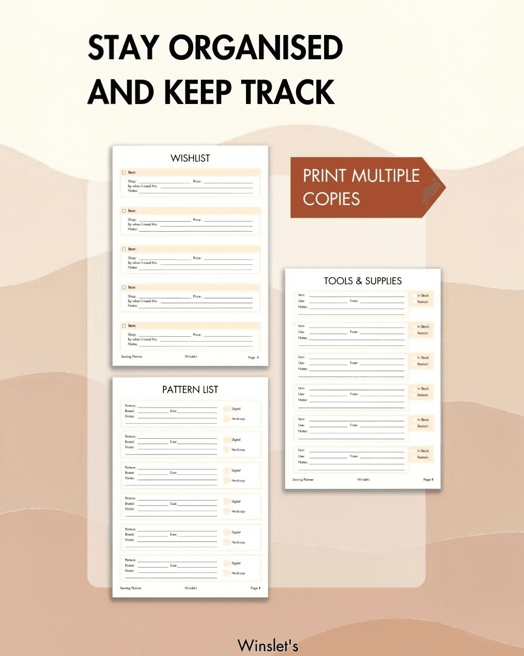 Printable sewing planner pages for project tracking and organization