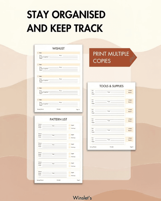 Printable sewing planner pages for project tracking and organization