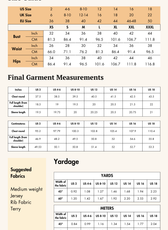 Size guide for the Selena sweatshirt sewing pattern, including bust, waist, and hip measurements for various US, UK, and EU sizes.