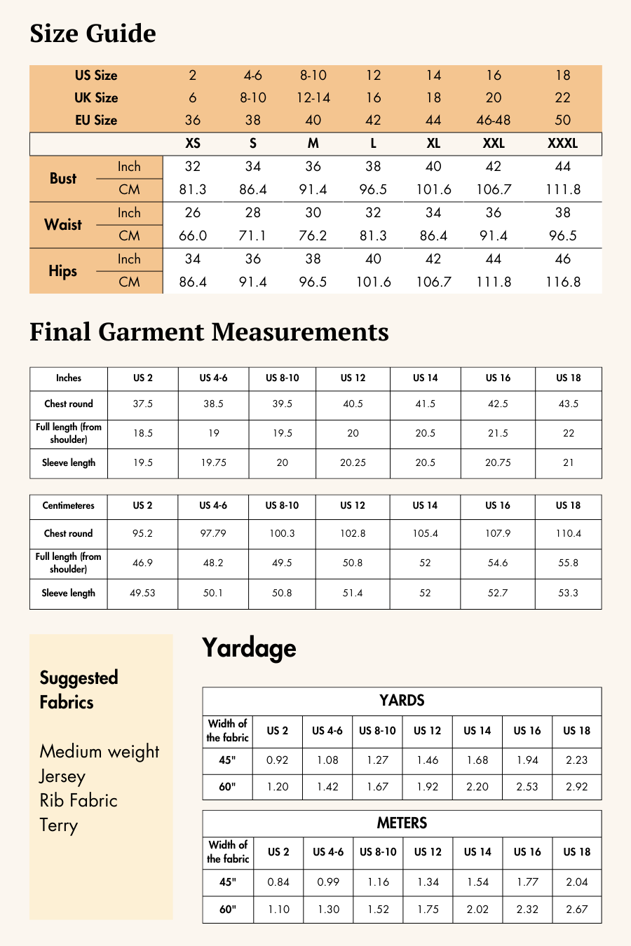 Size guide for the Selena sweatshirt sewing pattern, including bust, waist, and hip measurements for various US, UK, and EU sizes.