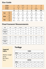 Size guide for the Selena sweatshirt sewing pattern, including bust, waist, and hip measurements for various US, UK, and EU sizes.