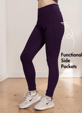 Functional side pockets on purple athletic leggings sewing patterns