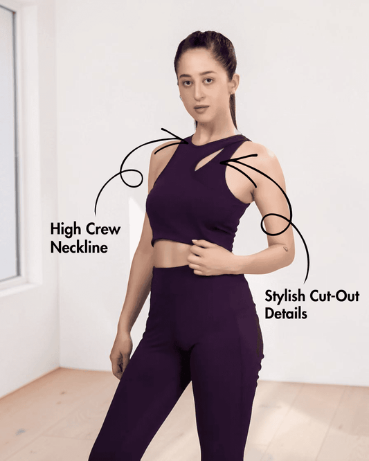 Women wearing high neckline sports bra sewing pattern with cut-out details