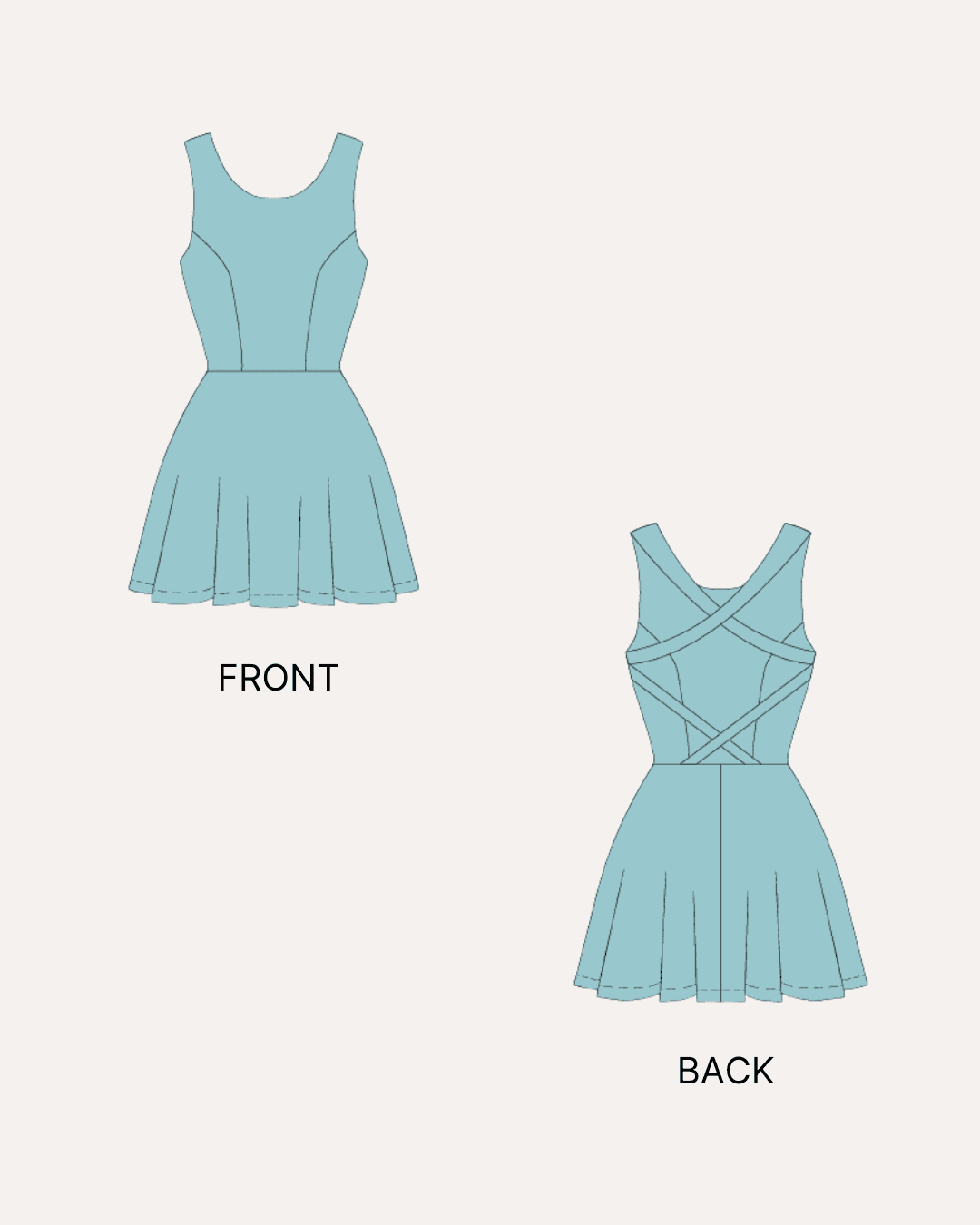2D illustrations for swim dress with layered front and back design