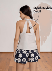 Back View of Lounge Coord Set sewing pattern with braided halter top and drawstring shorts