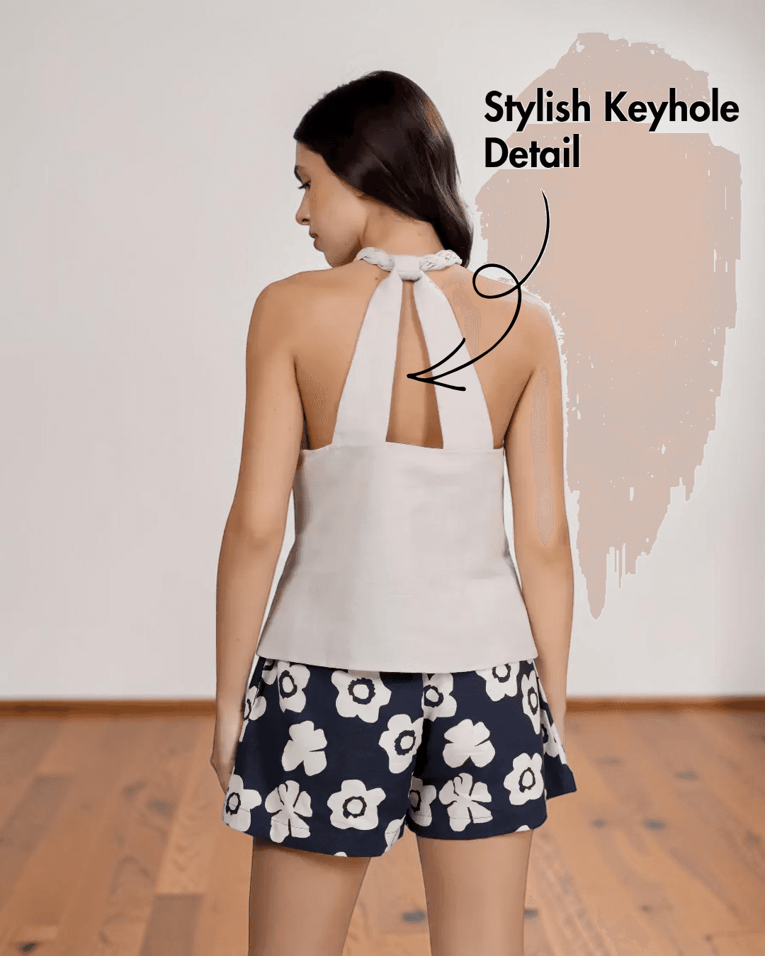 Back View of Lounge Coord Set sewing pattern with braided halter top and drawstring shorts