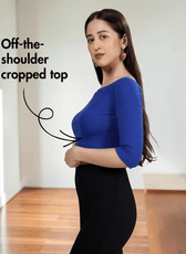 Off-the-shoulder cropped top sewing pattern with three-quarter sleeves