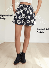 Close up of floral high-waisted shorts in sewing pattern