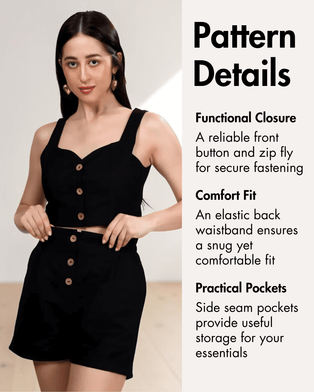 Pattern details showing functional front closure and practical pockets