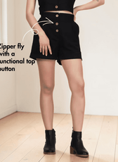 Black shorts with side seam pockets and button fly zipper