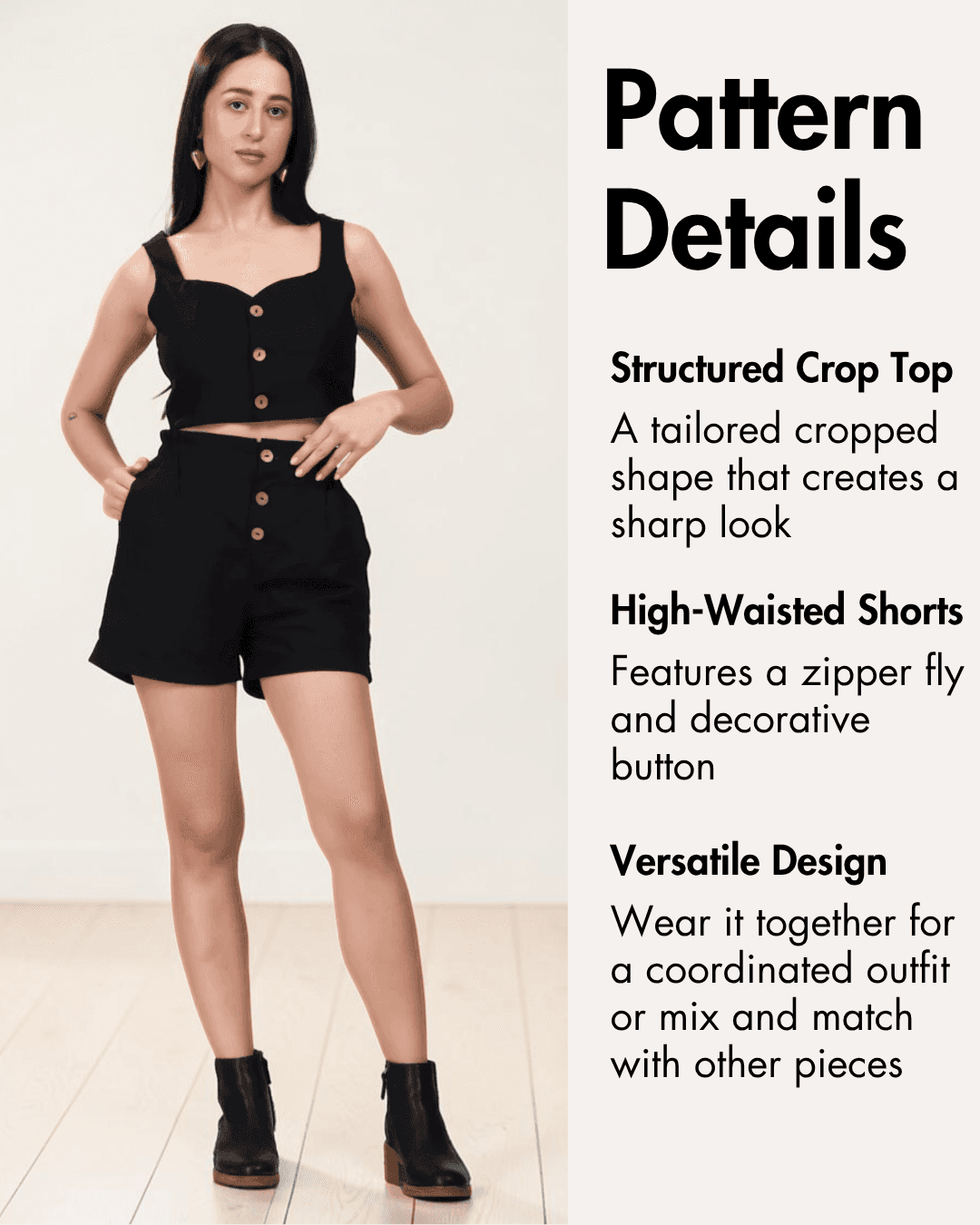 Pattern details for crop top and high-waisted shorts