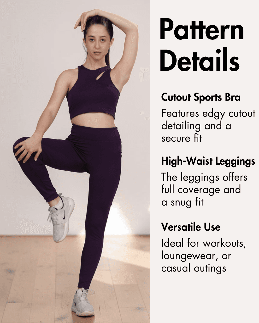Model in purple sports bra and high-waist leggings with pattern details