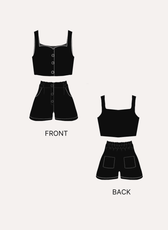 Technical sewing pattern illustrations for crop top and shorts