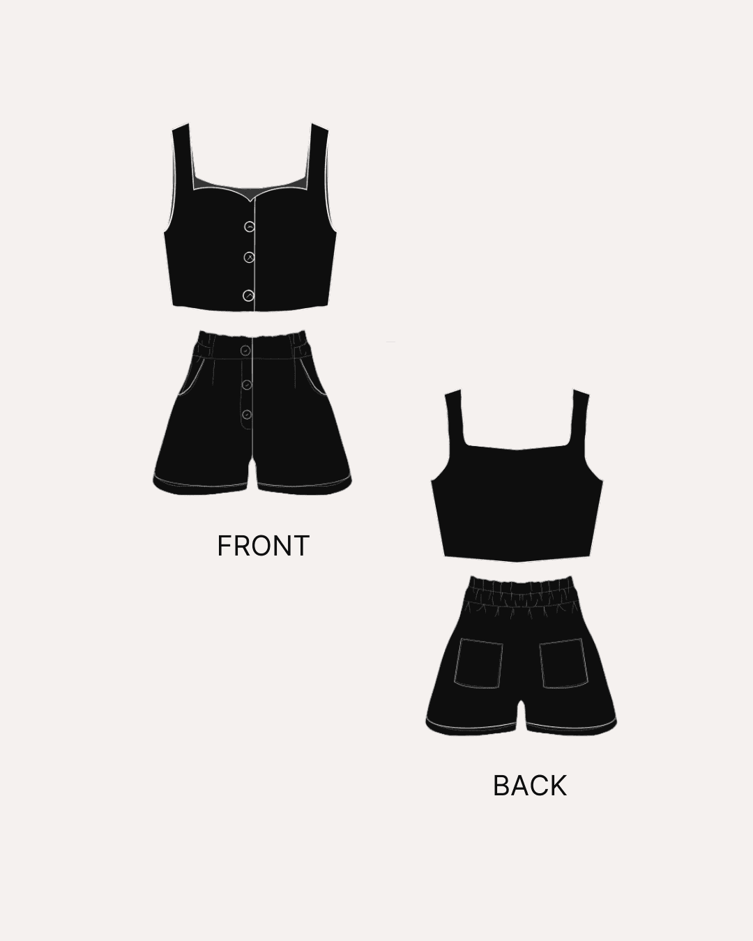 Technical sewing pattern illustrations for crop top and shorts