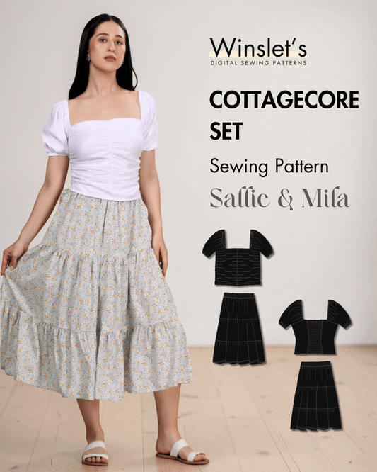 Cottagecore set sewing pattern with puff sleeves top and tiered midi skirt