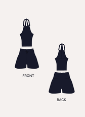 Front and back view of navy blue lounge shorts with braided halter top sewing pattern
