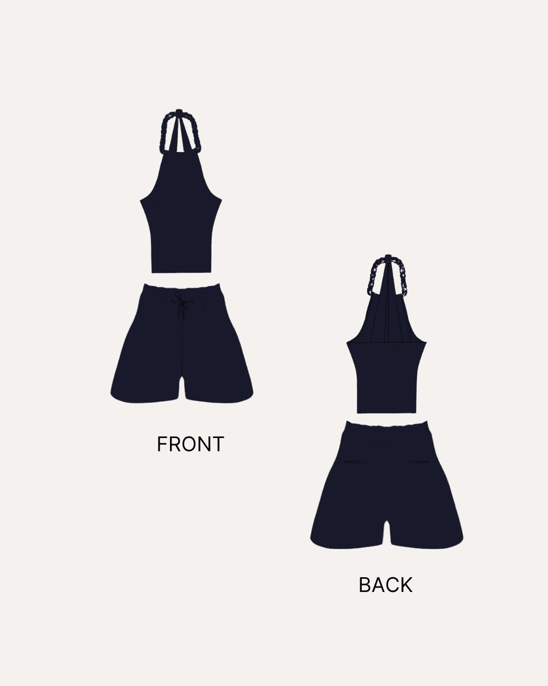 Front and back view of navy blue lounge shorts with braided halter top sewing pattern