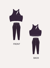 Illustration of sports bra and leggings pattern with front and back views